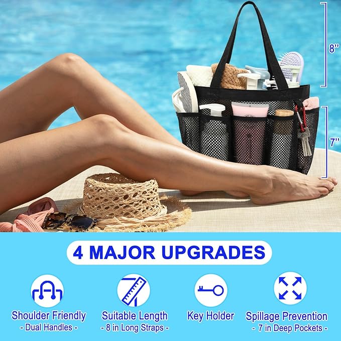 Fammart Mesh Shower Caddy Portable for College Dorm Room Essentials, Odorless Polyester Large Shower Tote Bag with Dual Handles, 8-Pocket Quick-Dry Toiletry Organizer for Travel, Beach, Camping, Gym