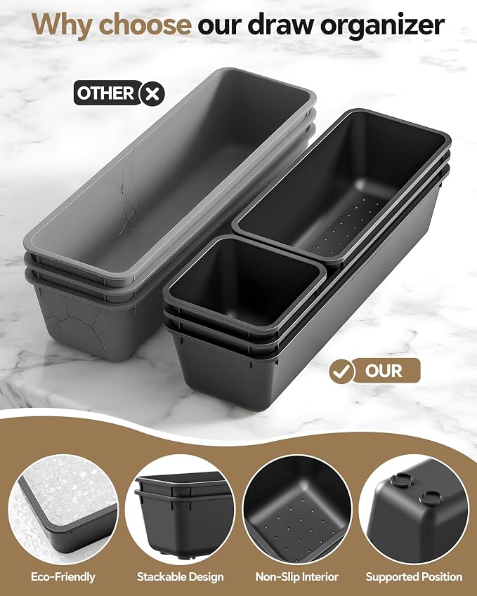 Canfanni 13 Pack Plastic Drawer Organizers Set, 3 Sizes Desk Drawer Organizer Trays for Vanity and Makeup Organizer, Organization and Storage for Makeup, Kitchen Utensils, Bathroom and Office(Black)