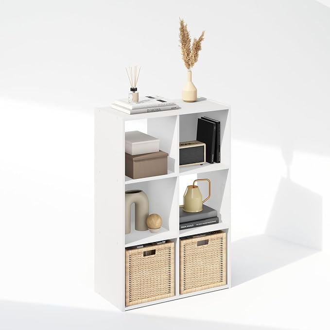 Furinno PELLI Book Shelf, 6-Cube Bookshelf, Cube Storage Organizer Bookcase, 11.7 x 23.7 x 35.4, for Living Room, Bedroom, Home Office, White