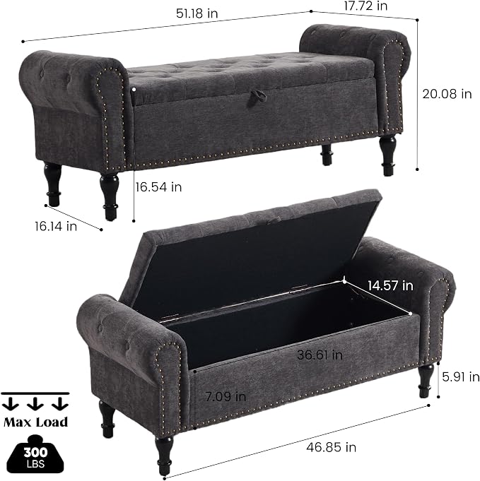 51" Storage Bench for Bedroom, Chenille End of Bed Bench, Queen Size Bench with Rolled Arms, Tufted Storage Ottoman Benches, Upholstered Bench for Bedroom, Living Room, Entryway, Dark Grey