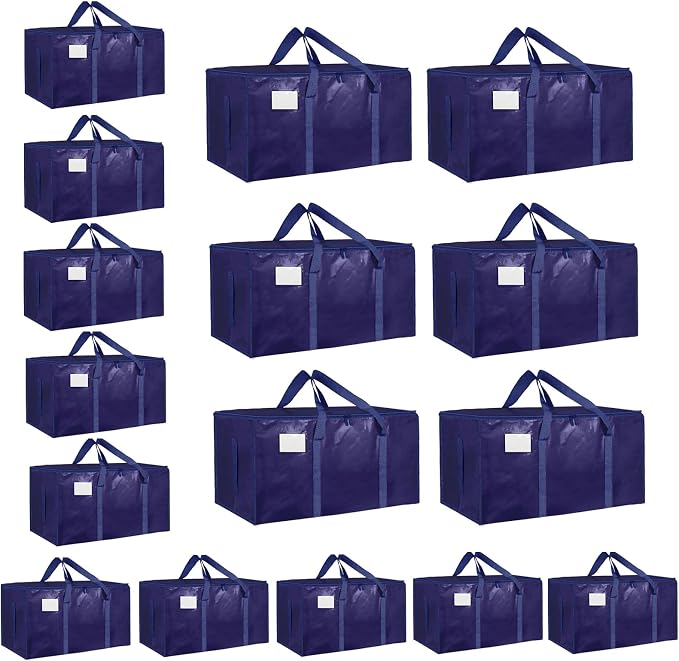 16 Pack-Extra Large Heavy Duty Moving Bags - Waterproof Storage Totes with Handles & Zippers, Foldable for College Dorm, Storage (Dark Blue)