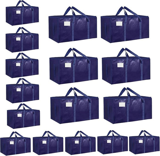 16 Pack-Extra Large Heavy Duty Moving Bags - Waterproof Storage Totes with Handles & Zippers, Foldable for College Dorm, Storage (Dark Blue)