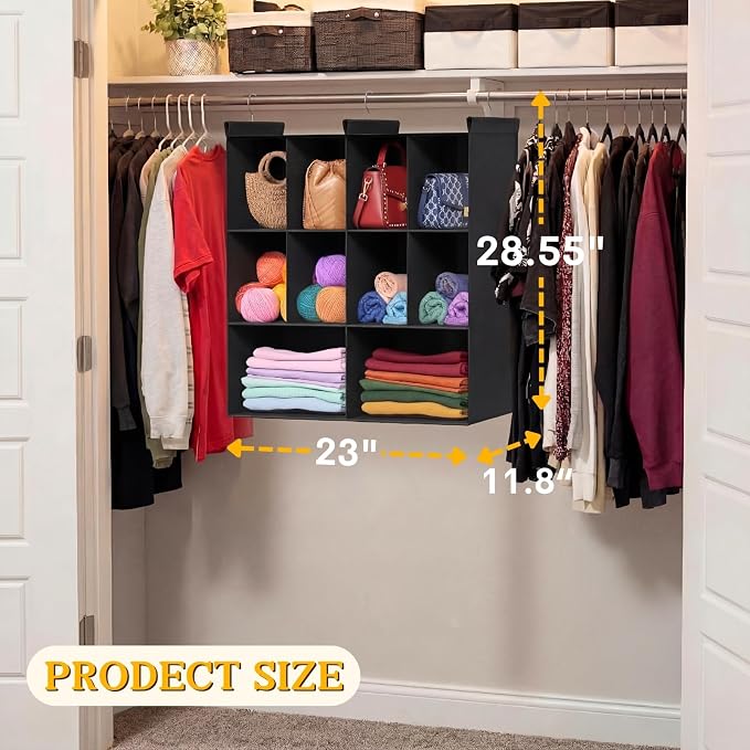 3 Tier Hanging Closet Organizer, 10 Compartments Dual Row Storage, Black | Closet Organizers and Storage with Large & Small Pockets, 3 Sturdy Hooks Support Heavy Loads, for Dorm, RV, Garment Rack