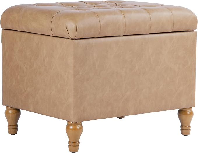 Spatial Order 24" Button Tufted Storage Ottoman - Sand Faux Leather