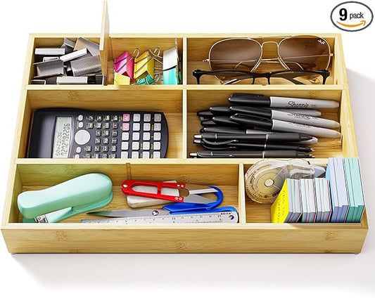 Bamboo Drawer Organizer with 9 Adjustable Compartments, Office Desk Organization Tray for Office Utensils, Supplies, Makeup, Jewelry, and More – Ideal for Desk or Drawer Storage
