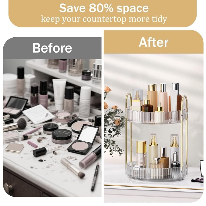 MOKANI 360 Rotating Makeup Organizer for Vanity, 2 Tier Perfume Organizer | Adjustable Multi-Function Spinning Cosmetics Skincare Storage for Bedroom, Dresser, Countertop, Clear