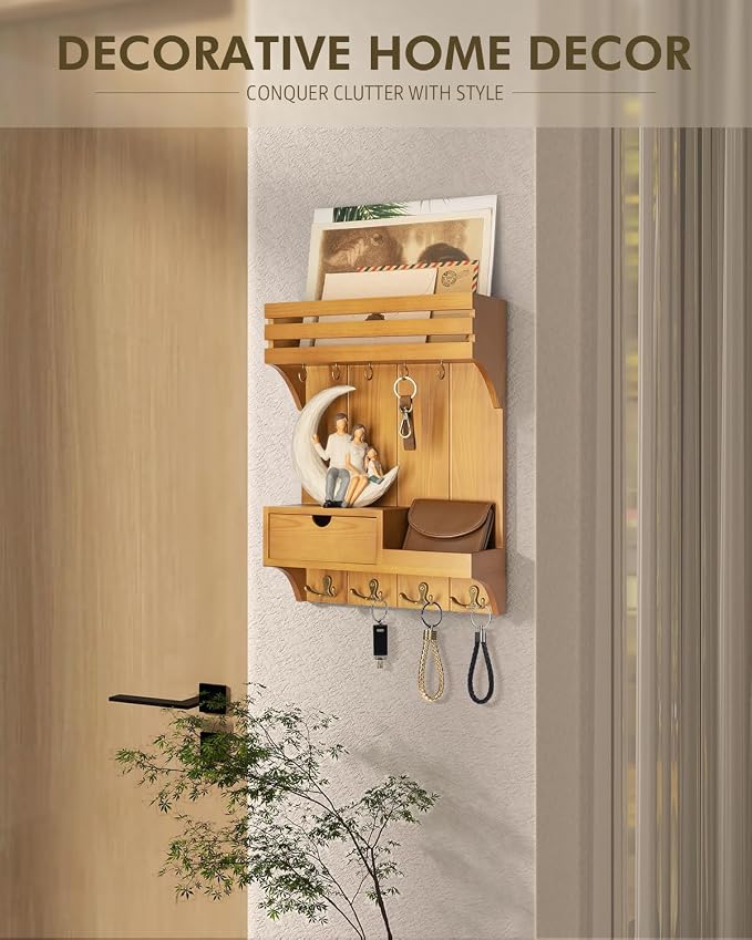 Rebee Vision Key Holder Wall Mount with Drawer for Room Decor, Light Brown | Pine Wood, Key Holder for Wall, 9 Key Hooks, Drawer Organizer, Floating Wall Shelf, Mail Sorter, Room Decor Aesthetic