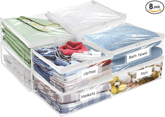 Kikerike Plastic Storage Bags with Easy-Glide Zipper, Pack of 8, Durable Clear Vinyl Zippered Storage Bags for Clothes Sweaters Comforters Blankets Sheets Bedding (24 x 20 x 11 Inch, White)