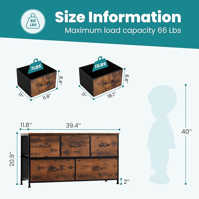 OLIXIS 5 Drawer Dresser for Bedroom, Wide Fabric Storage Tower, Brown | Closet Chest Organizer Furniture, TV Stand for Living Room, Wooden Top and Metal Frame