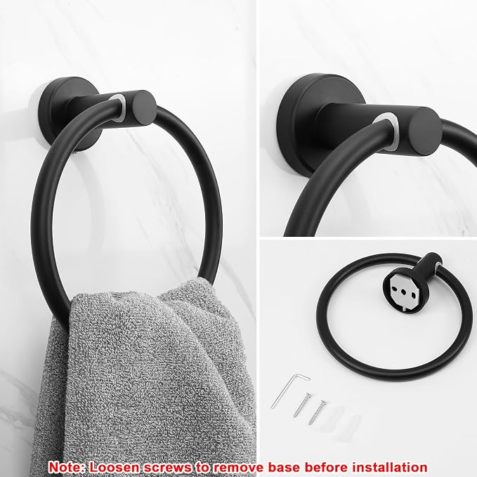 NearMoon Bath Towel Ring, Bathroom Hardware Accessories-Thicken Stainless Steel Hand Towel Holder for Bathroom, Modern Round Towel Hanger Wall Mounted (Matte Black, 1 Pack)