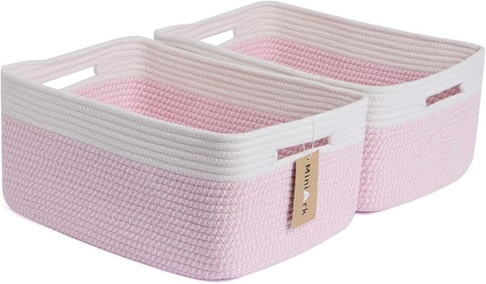 MiniArk Large Storage Baskets for Shelves, 17 x 13 x 7.5” Closet Organizers Bins for Clothes Blanket Towels, Baby Nursery, Toy Baskets Box, Woven Rope Baskets, 2 Packs Woven Pink