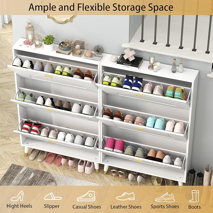 White Shoe Cabinet Storage for Entryway: Modern Hidden Shoe Storage Cabinet, Shoes Rack with 6 Flip Drawers, Wood Small Organizer with Doors (2 Pieces, 32")