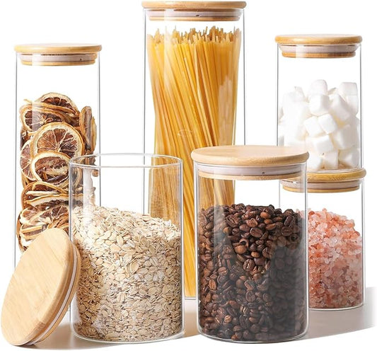 ComSaf Glass Storage Jars 6 Pack, Pasta Containers, Pantry Organization | Tall Glass Jar, Storage Containers Set of 6 (2Qt/1.1Qt/1Qt*2/0.5Qt*2), Kitchen Canisters, Pantry Storage, Spaghetti, BPA Free