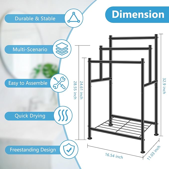 Standing Towel Rack, 3 Tier Towel Racks for Bathroom with Storage Shelf, Freestanding Metal Pool Blanket Holder Floor Towel Drying Rack Outdoor, Black
