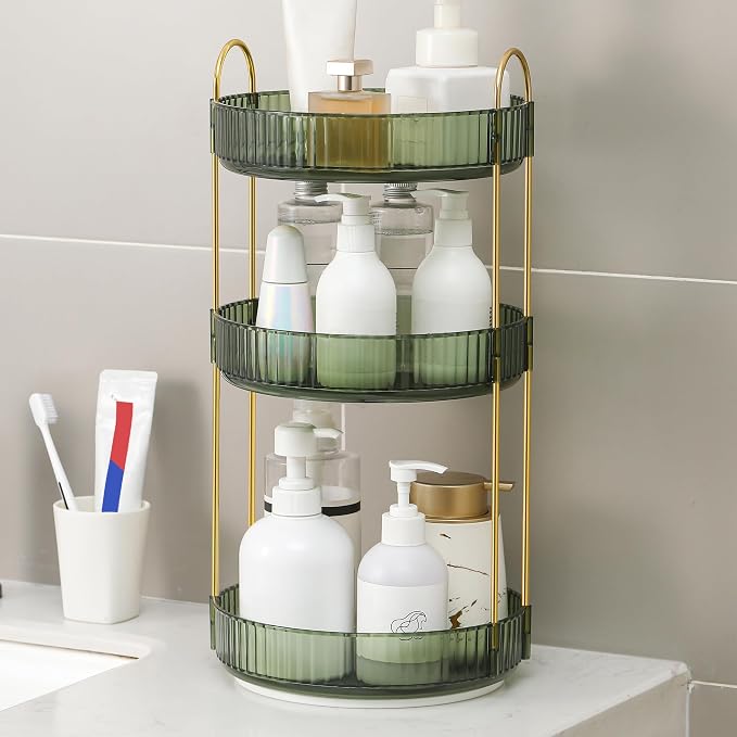 YCIA&DONE 360 Rotating Makeup Organizer and Storage for Vanity Countertop 3 Tiers, High Capacity Cosmetic Skincare Perfume Organizers for Dresser Bathroom Lazy Susan (Vintage Green)