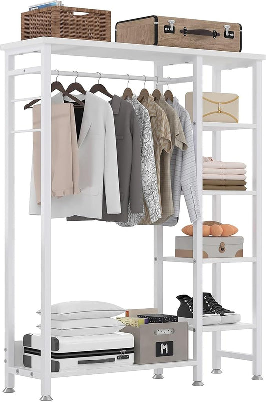 VECELO Open Garment Clothing Rack, Free-Standing Heavy Duty Storage Closet with 5 Shelves and Hanging Rod for Small Spaces, Max Load 350LBS, White