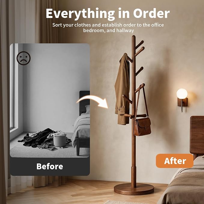 Solid Wood Coat Rack Freestanding with 9 Hooks - Wooden Coat Rack Stand for Entryway, Bedroom, Living Room, Hallway for Coats, Handbags, Hat (Walnut)
