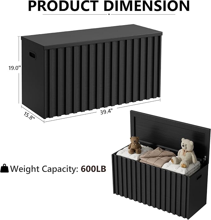 Black Storage Bench Set of 2, 39.4" Fluted Wood Storage Trunk with 2 Safety Hinges, Sturdy Storage Chest, Storage Bench for Bedroom,Entryway, Living Room
