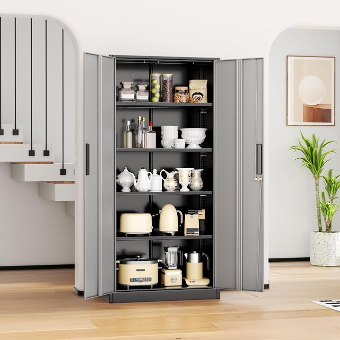 INTERGREAT Metal Lockable Storage Cabinet, 72” Storage Cabinet with 2 Doors and 4 Adjustable Shelves for Office, Home, Garage, Pantry (Assembly Required, Black Gray)