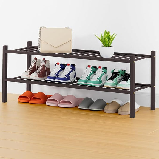 Smiry Bamboo Shoe Rack, 14 Vertical Slats, 2 Tier - 33.7" Wide, Brown | Stackable Free Standing Wooden Shoe Organizer, Wood Shoe Storage Shelf for Closet, Entryway, Thicher Leg