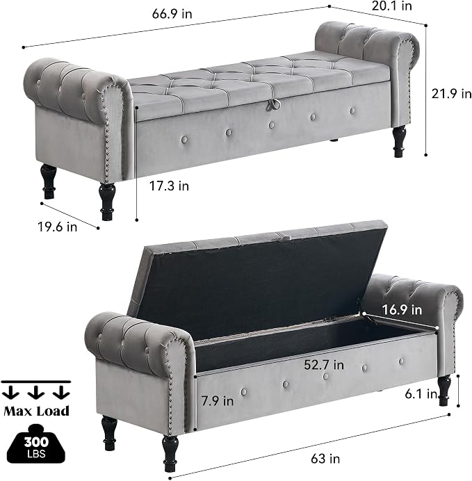 Storage Bench 67" Velvet End of Bed Benches Light Grey | King Size Storage Bench for Bedroom with Rolled Arms Tufted Ottoman Benches Upholstered Bench for Living Room Entryway