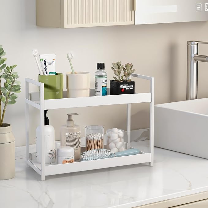 Bathroom Counter Organizer Vanity Storage Countertop Shelf, Large White | 2 Tier Makeup Organizer Perfume Tray Skincare Holder for Sink, Dresser, Kitchen