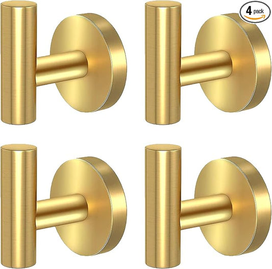 Kruodop Towel Hooks for Bathroom,4 Packs Wall Mount Towel Holder,Black Matte Wall Robe Hook,Stainless Steel Heavy Duty Door Hanger Towel Hook for Kitchen, Bedroom,Hotel,Pool,Coats - Gold