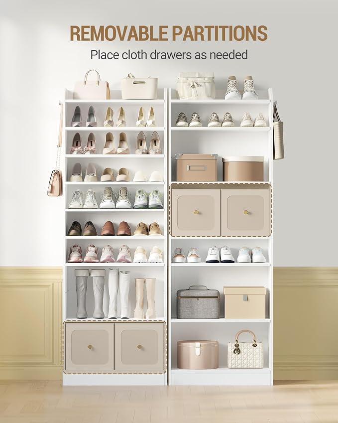Hzuaneri Shoe Storage Cabinet, 10 Tiers Shoe Cabinet with 2 Cloth Drawers, Wooden Freestanding Shoes Organizer with 2 Hooks, 30-35 Pairs, Shoes Cubby Organizer for Entryway, White SR56303MI | Wooden Freestanding Shoes Cabinet with 2 Hooks, 30-35 Pairs,...