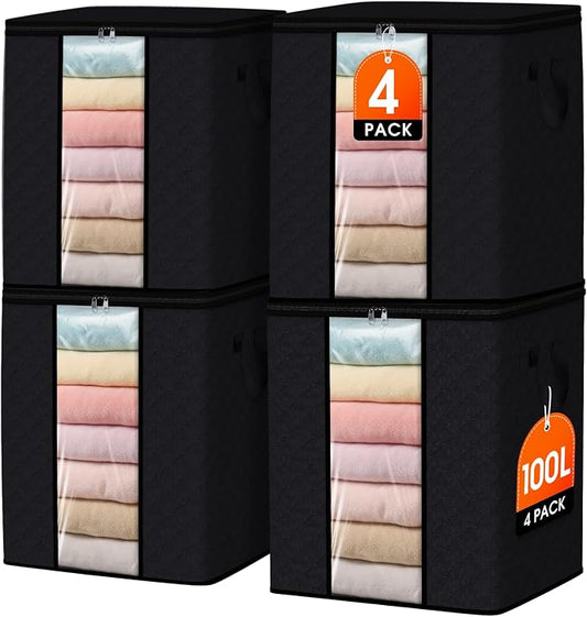 SpaceWhisper 4 Pack 100L Clothes Storage, Foldable Thick Fabric Blanket Storage Bags, Containers for Organizing Bedroom, Closet, Clothing, Comforter,Closet Organization with Handle,Black