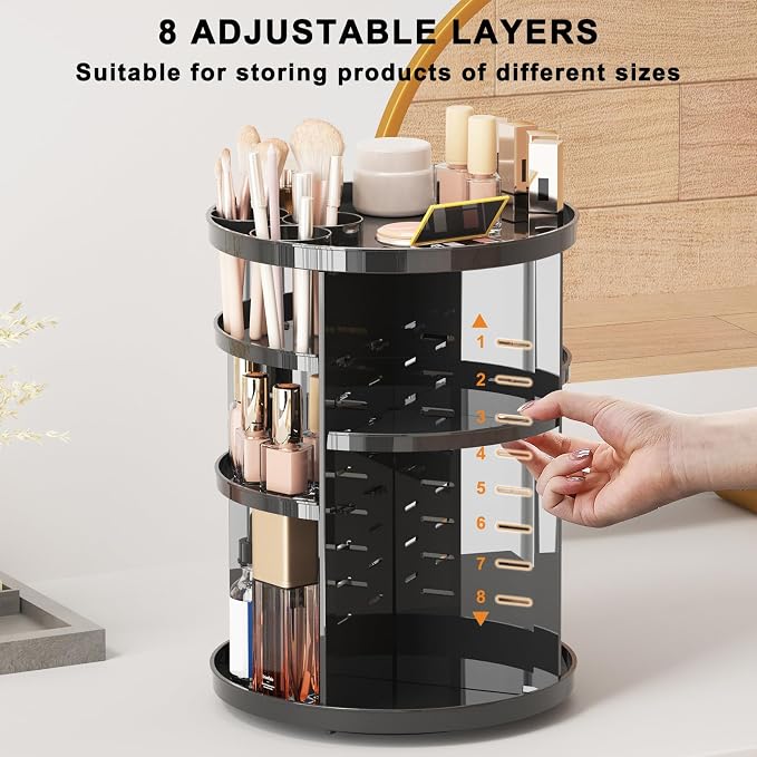 Rotating Makeup Organizer, DIY 8 Adjustable Layers Spinning Skincare Storage, Cosmetic Display Case with Brush Holder and Perfume Tray, Multi-Function Vanity Bathroom Countertop Organizer Black