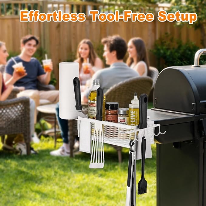 Griddle Caddy Side Shelf Organizer Grill Tool Holder (White) | Steel Grill Tool Holder with Paper Towel Rack No-Drill Outdoor Cooking Accessories Storage for Flat Top Grills & BBQ Stations