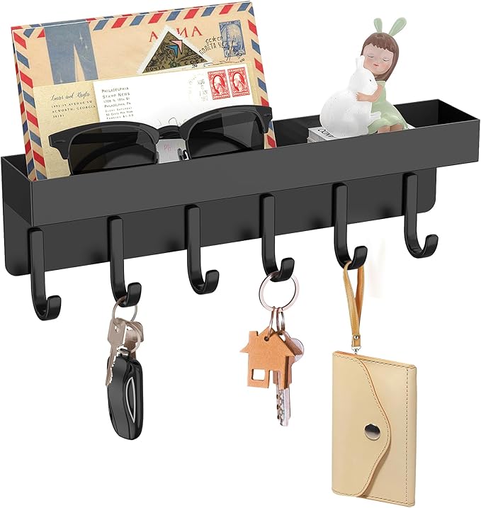 Magnetic Key Holder, Wall Mount Key Rack with Shelf, 9.65 in, Black | Metal Material, Small Size, 6 Metal Hooks, 2 Installation Ways, for Fridge, Entryway, Kitchen, Bathroom, Garage, RV, Office