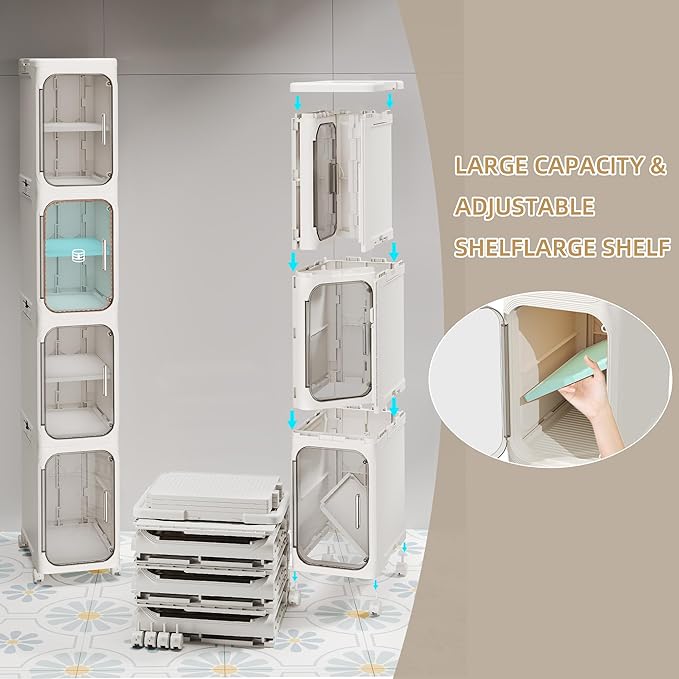 3-Tier Slim Bathroom Narrow Storage Cabinet with Wheels, White | Tool Free Assembly, Adjustable Shelves, Fits for Narrow Spaces, Reinforced Stability, Magnetic Clear Door