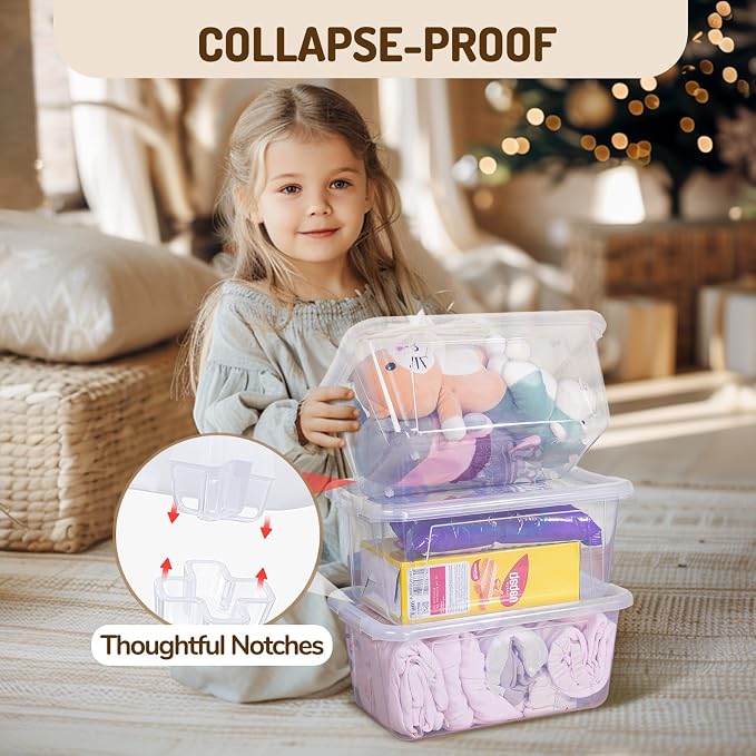 GAMENOTE 6 Quart Stackable Plastic Storage Bins with Lids, 6 Pack, Clear | Stackable 6-quart bins with lids organize classroom supplies, crafts, toys and building blocks for Classroom & Kids Toy