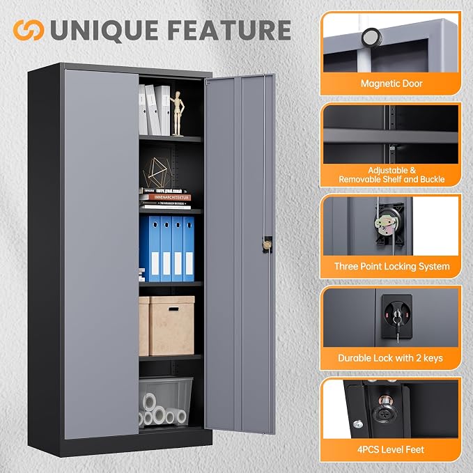Metal Garage Storage Cabinets with Lock, 71" Tall Tool Cabinet with 2 Door and 4 Adjustable Shelves, Locking Garage Cabinets and Lockable Steel Locker for Home Office Warehouse-(Black Gray-71”H)