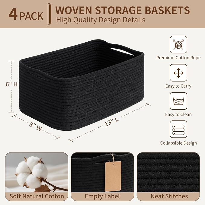 Goodpick 4 Pack Cotton Rope Storage Baskets with Handles, Black | 13" x 8" x 6", Rectangle Design, Shelf Organization, Closet Storage, Baby Toys, Books, Nursery Essentials & Decor