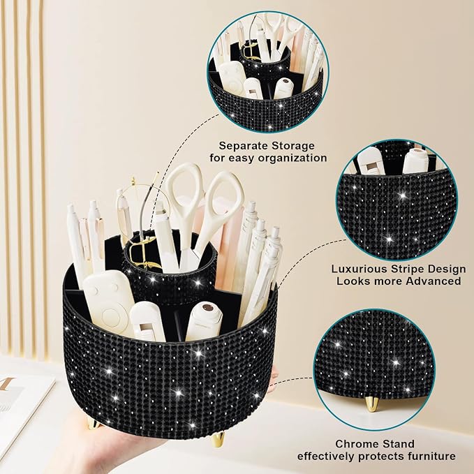 Diesisa Bling Diamond 360° Makeup Brush Holder Organizer, Rotating Makeup Brush Organizer,5 Slot Make up Brushes Cup for Cosmetics, Vanity Desktop Organizer, Gift for Women Teen Girls- Diamond Black