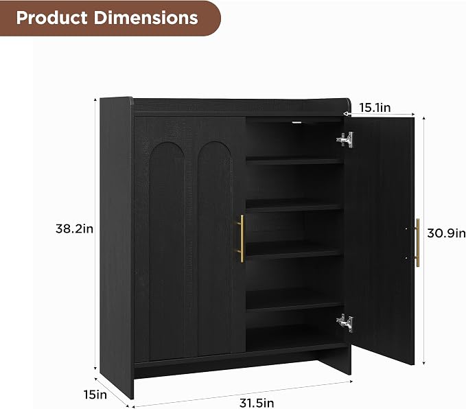 Maupvit 38.39" Tall Modern Shoe Cabinet, Entryway Storage Cabinet with Arched Doors & Gold Handles, Wood Shoe Organizer with Shelves, Freestanding Shoe Rack for Hallway, Living Room, Black