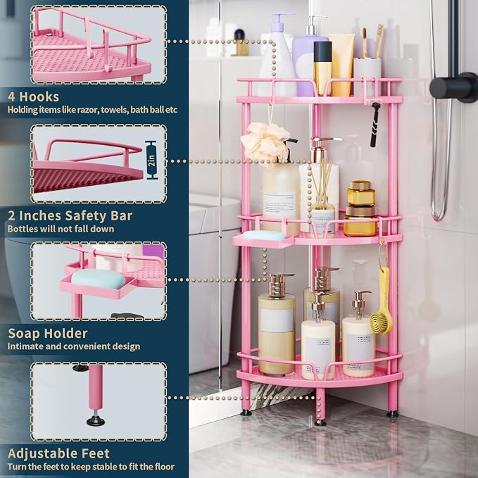 Consumest Corner Shower Caddy Stand - 3 Tier Shower Organizer with Soap Holder, Tall Floor Corner Shelf Standing with Adjustable Feet & 4 Hooks, Storage Rack for Bathroom Pink