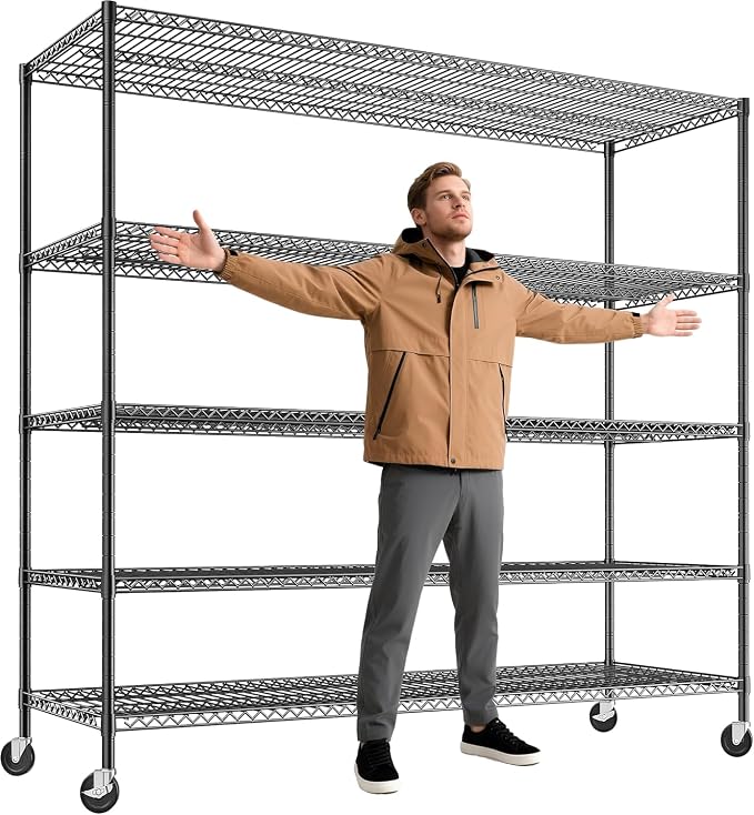 REIBII 85.7"H 5-Tier Garage Shelving with Wheels&Feet, Adjustable, 2998 lbs | 55.5"W x 24.2"D, Rustproof, Lockable wheels, Height-adjustable, Tool-free, For pantry/garage/basement/warehouse/commercial