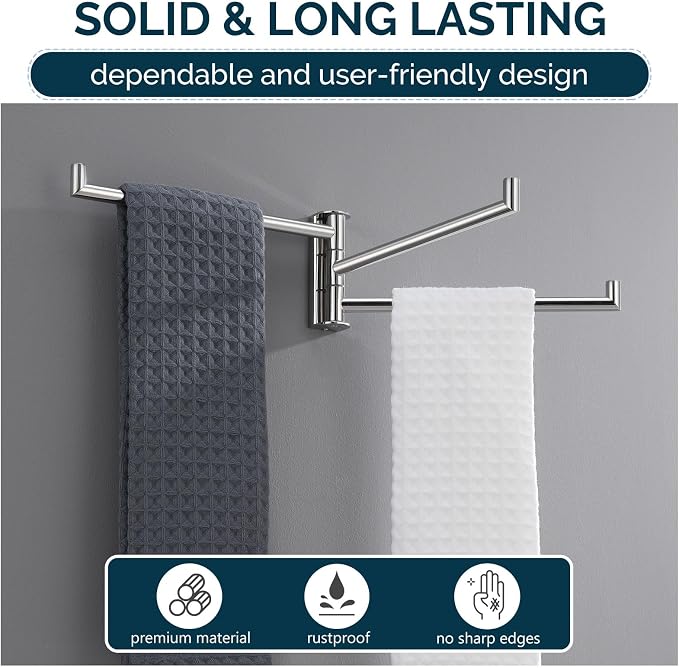 Angle Simple Swivel Hand Towel Rack, Foldable 3 Bars, Polished Chrome | Solid SUS304 Stainless Steel, Kitchen Towel Holder, Triple Arms Space Saving, 9.84"
