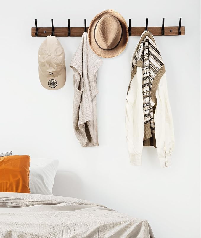 Optish Coat Rack Wall Mount, 16.5 Inches Wood Coat Hooks, Wall Hooks for Hanging, Hat Rack Bag Hanger Key Holder for Wall, Purse Hanger Towel Racks for Bathroom (1Pack, Brown)