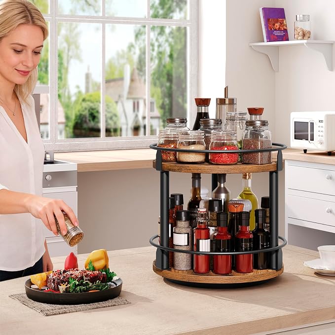 YATINEY Lazy Susan Organizer, Rotating Spice Rack, 2 Tier Spice Turntable Organizer, Industrial Turntable Spice Holder, for Kitchen Countertop and Cabinet, Compact and Versatile, Rustic Brown SR22BR
