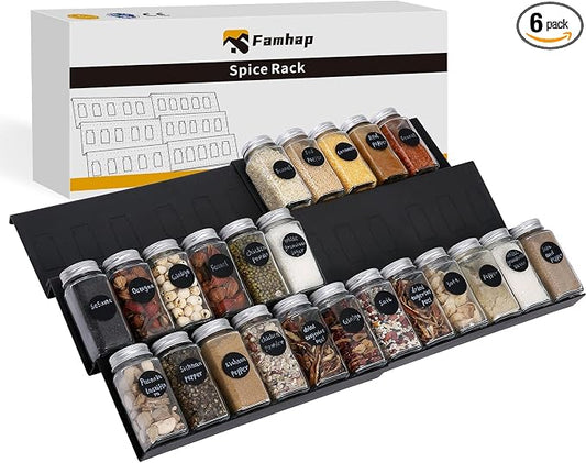 Famhap Spice Drawer Organizer Expandable 6 PCS for 11.6"-23.2" Wide Drawer | Durable Plastic, Slanted Seasoning Drawer Organizer, Use for Kitchen Spices Cosmetics
