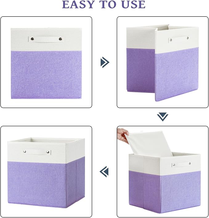 FinishingBo 13x13x13 Storage Cube Bins 6 Pack, Cube Shelf Baskets | Foldable Storage Cubes, Linen Storage Bins with Handles, Closet Organizers, White/Purple