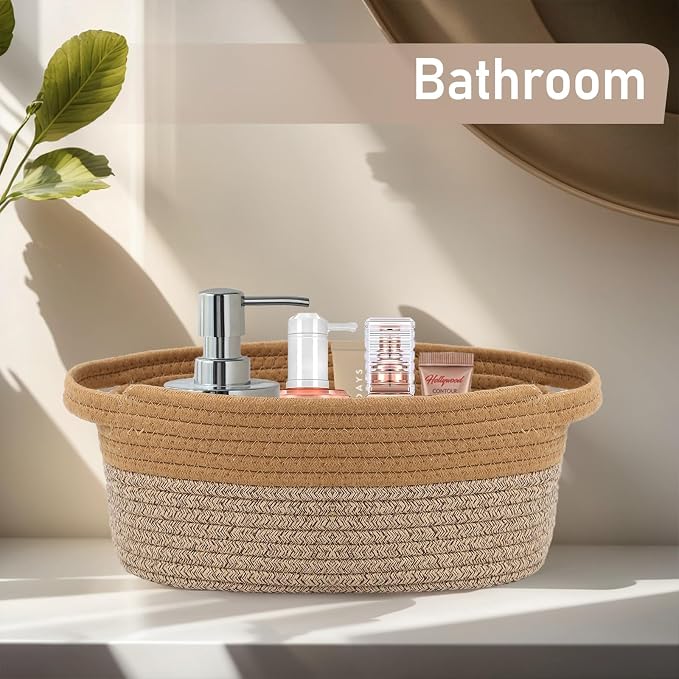 JMvicyroam Small Woven Basket, Empty Gift Basket, Jute&Brown/2 Pack | Small Gift Basket, Cotton Rope, 12 x 8 x 76 in, Handles, Includes Ribbon and Bag, Birthday Gift Basket