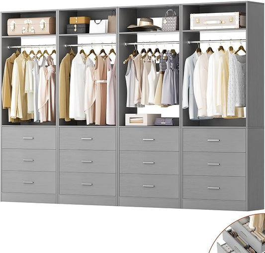 Besiost Closet System Set of 4, 8FT Closet Systems with 12 Wood Drawers, 96" Closet Organizer System with 4 Hanging Rods & 4 Shelves, Heavy Duty 96 Inch Walk-in Closet, Grey (96"L x 15" W x 80" H)