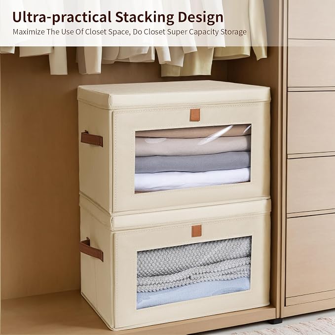 Homsorout Large Closet Storage Bins - Collapsible Clothing Organizer with Handles & Window, Decorative Bin with Lids, Linen Closet Organizers for Living Room, Dorm, 8 Pack, Beige