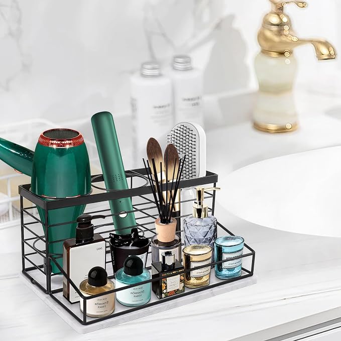 Hair Tool Organizer, Movable Hair Dryer Holder, Hair Styling Tools Storage for Vanity, Bath Counter Organizer, Bathroom Trays for Hair Toiletry, Makeup (12" x 7.7" x 5.8", Marble-Black)
