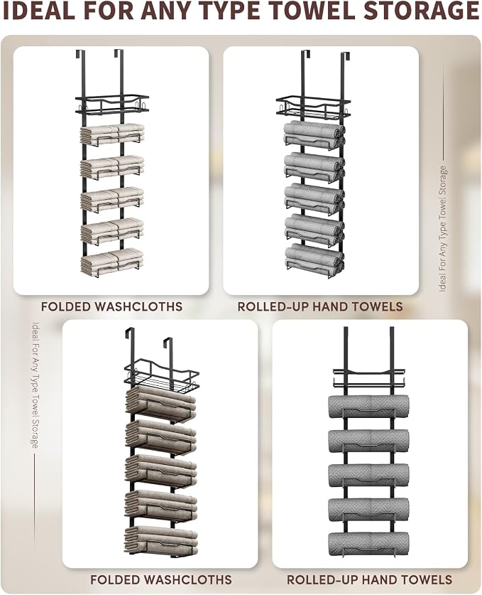 Aetyord Hanging Towel Racks for Bathroom No Drill - 6-Tier Over The Door Bath Towel Storage Organizer for Small Bathrooms - Tiered Back of Door Towel Holder Hanger for Rolled Towels RV Camper Black | 6-Tier Over The Door Bath Towel Storage Organizer wi...